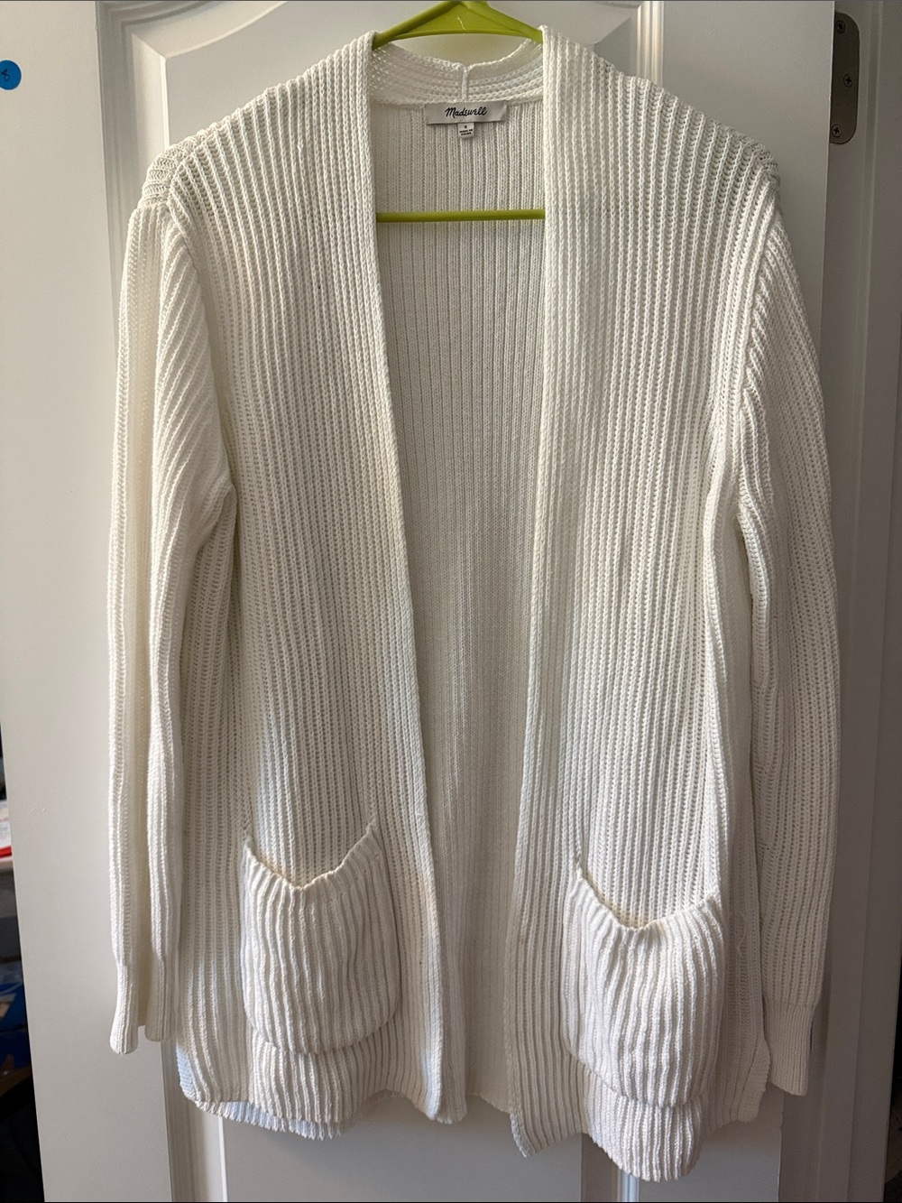 Madewell Cream Open-Front Ribbed Cardigan with Patch Pockets